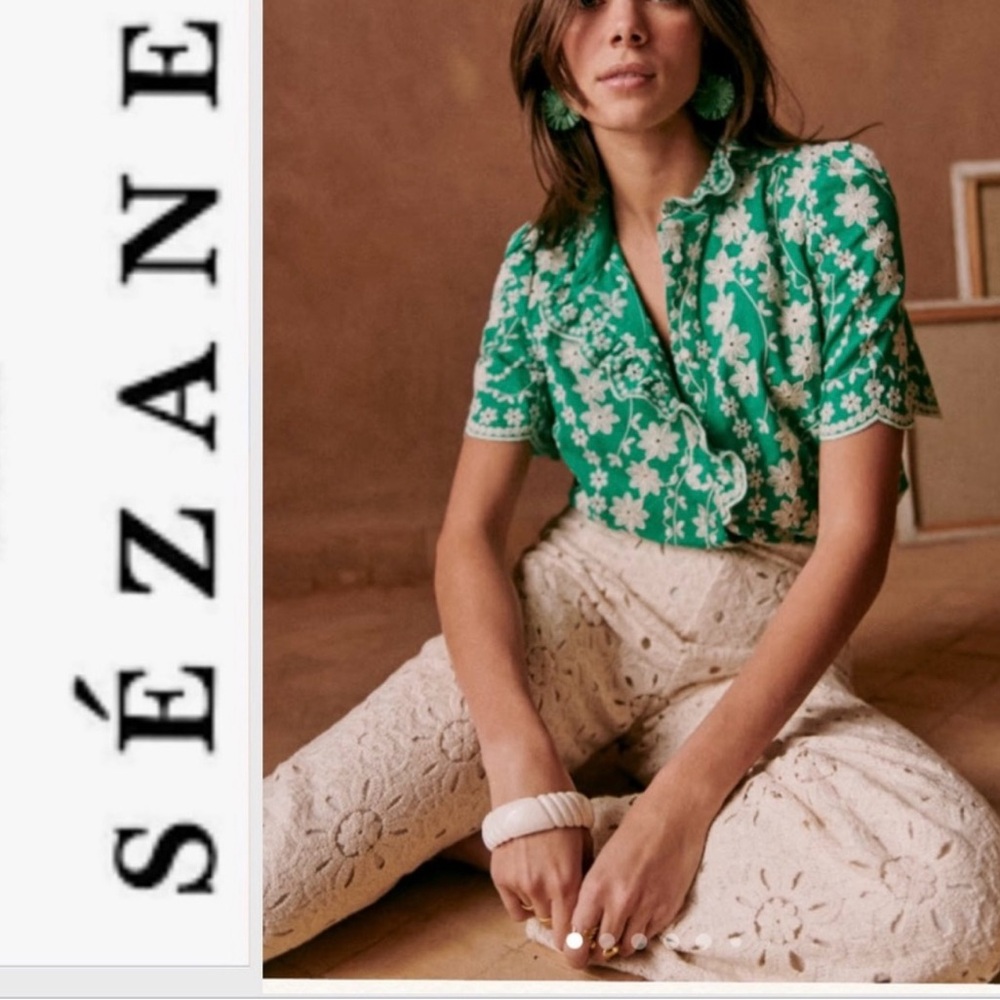 Sezane Green Floral Ruffle-Trim Short Sleeve Blouse